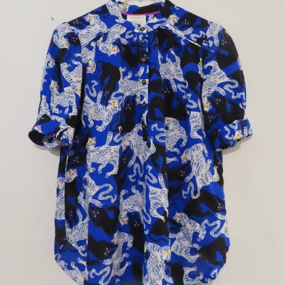 Anthropologie Emily Isabella Blue Panther Print Top XS - Picture 3 of 9